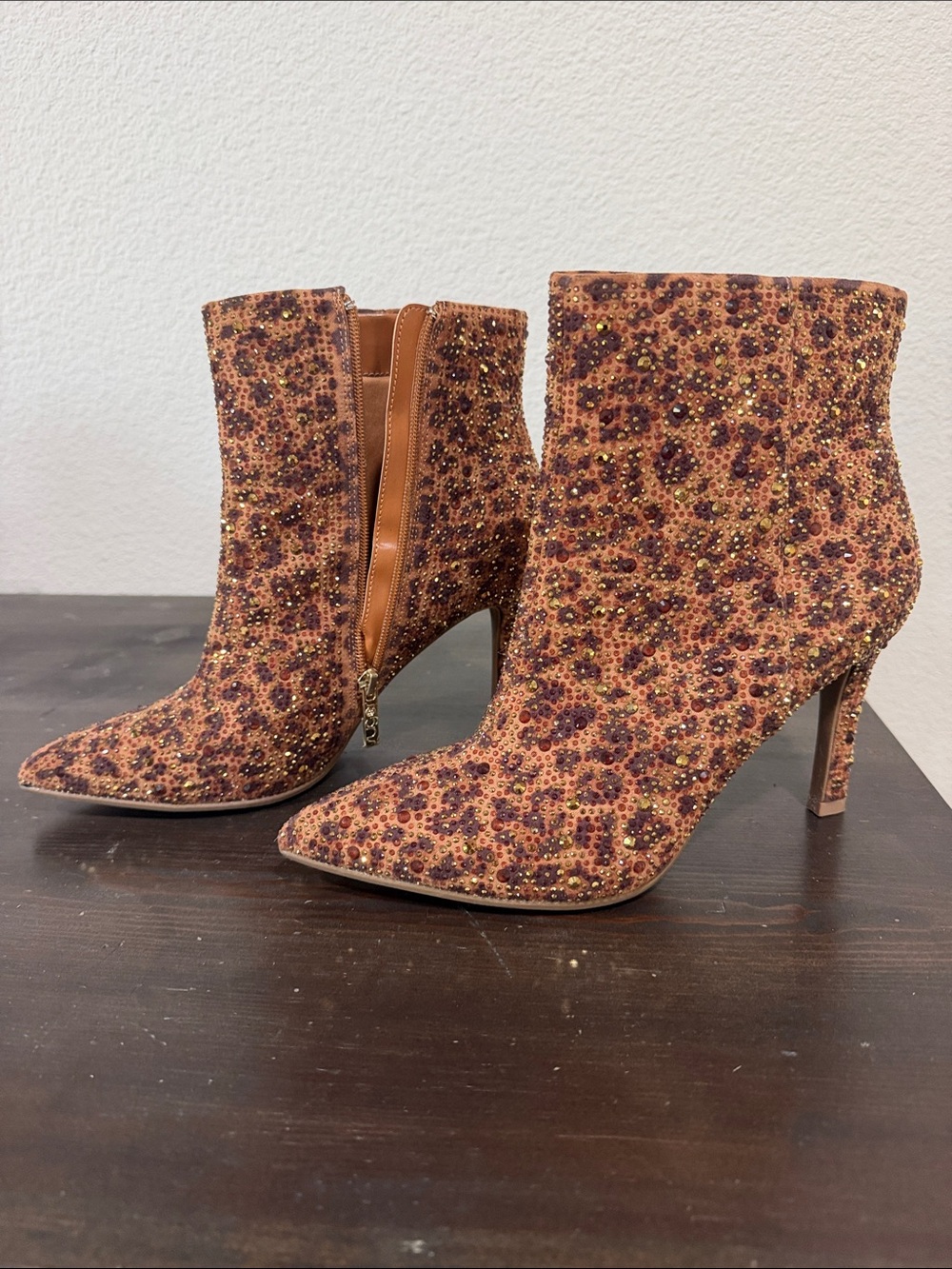 Sugar Embellished Leopard-Print Ankle Boots in Brown